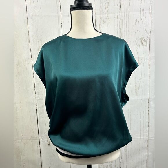 Express Green Emerald Satin Blouse Top Elastic Striped Bottom - Picture 5 of 9